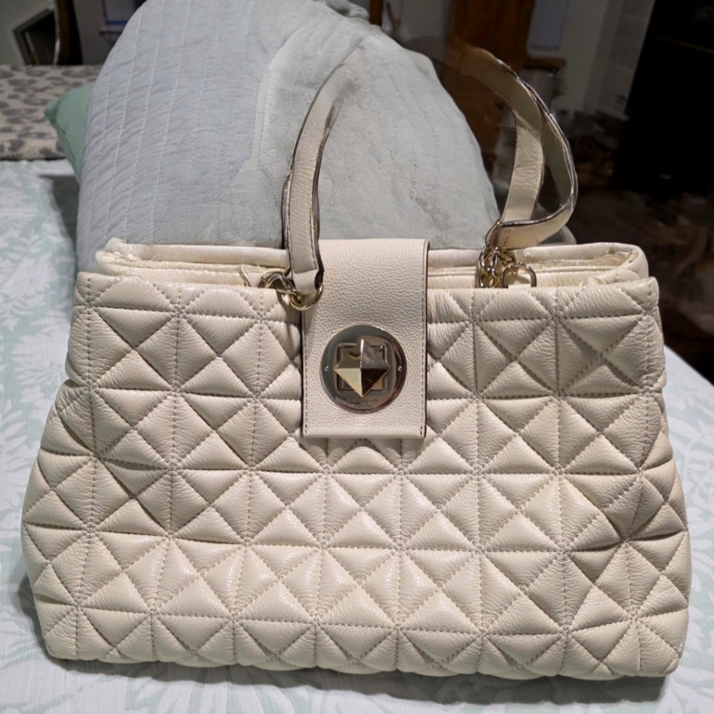 Kate Spade Cream Leather Quilted Chain Strap Turnlock Satchel Shoulder Bag